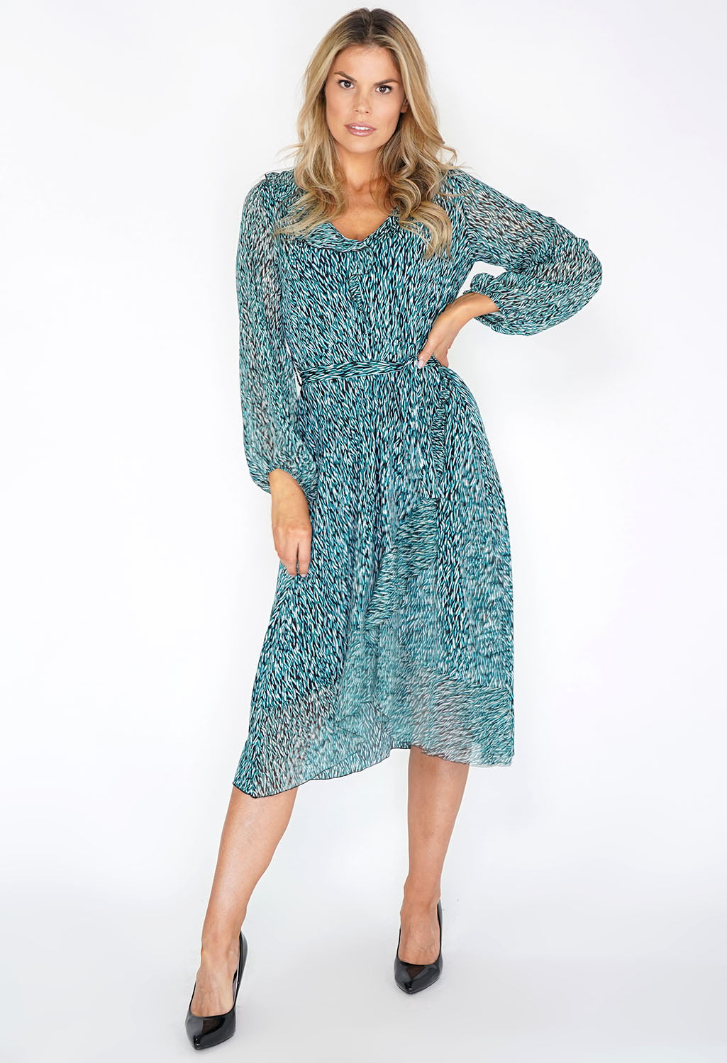 Turquoise Print Dress with Ruffle Details