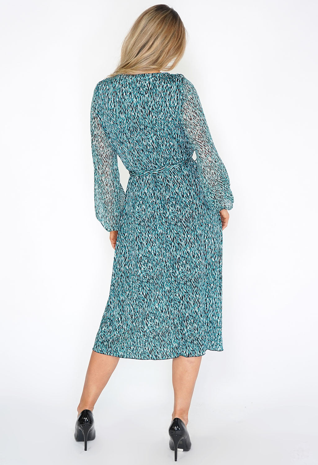 Turquoise Print Dress with Ruffle Details