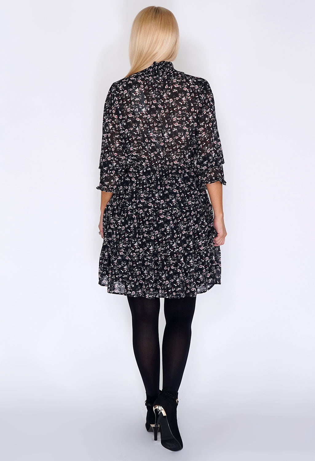 Black Frill Dress with Bloom Print