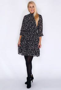 Black Frill Dress with Bloom Print