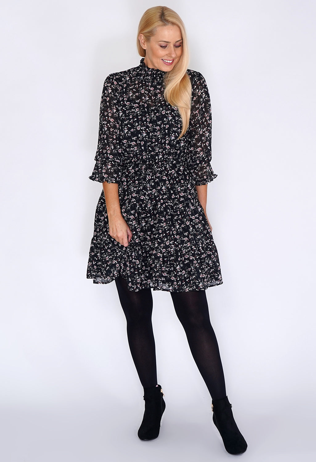 Black Frill Dress with Bloom Print