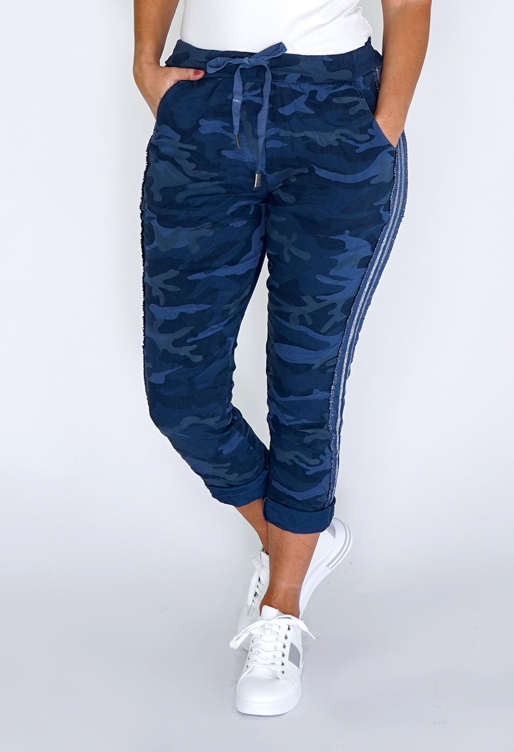 Navy Camouflage Joggers with Silver Glitter Stripes