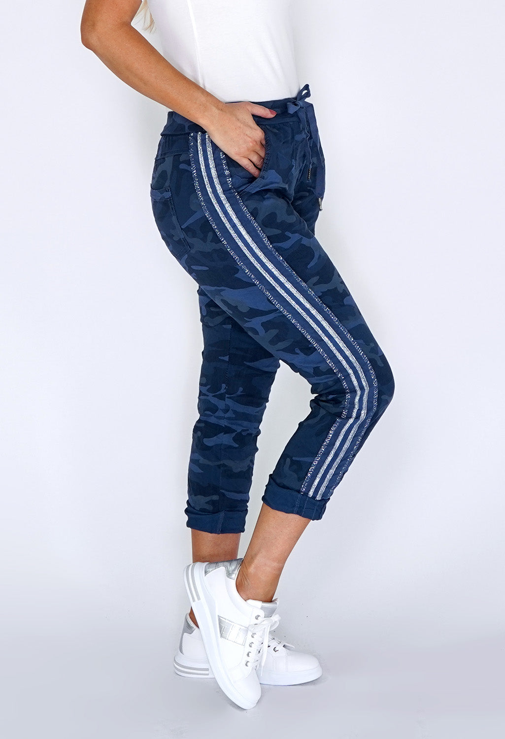 Navy Camouflage Joggers with Silver Glitter Stripes