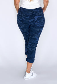 Navy Camouflage Joggers with Silver Glitter Stripes