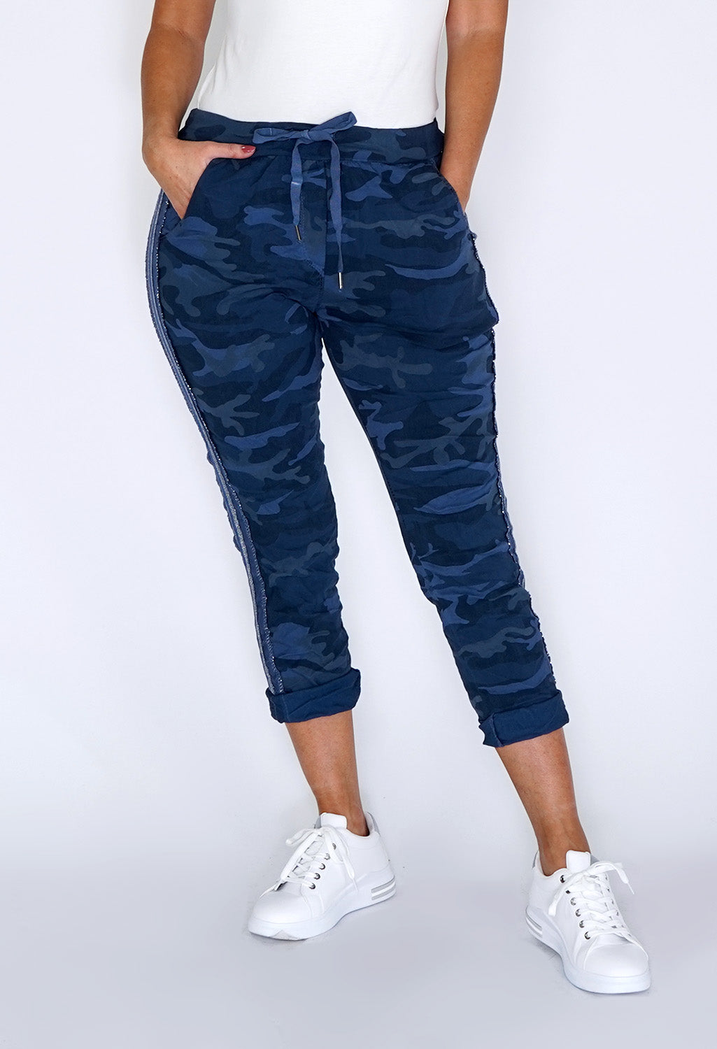 Navy Camouflage Joggers with Silver Glitter Stripes