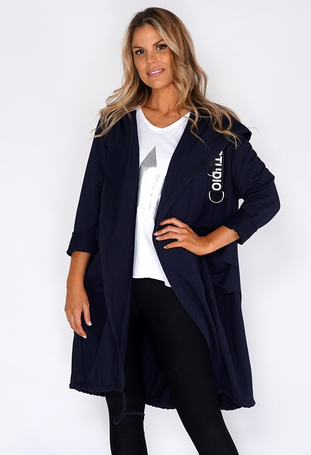 Navy 3/4 Length Coat with Back Circle Print