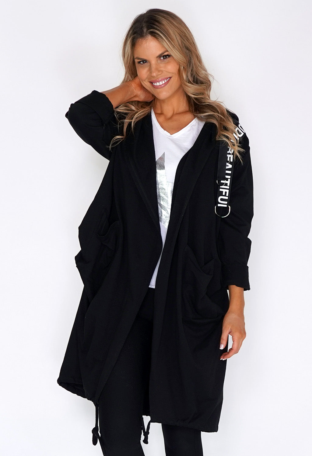 Black 3/4 Length Coat with Back Circle Print