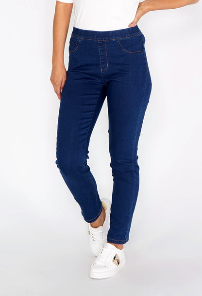 Twist Navy Pull On Jeans with Copper Stitching