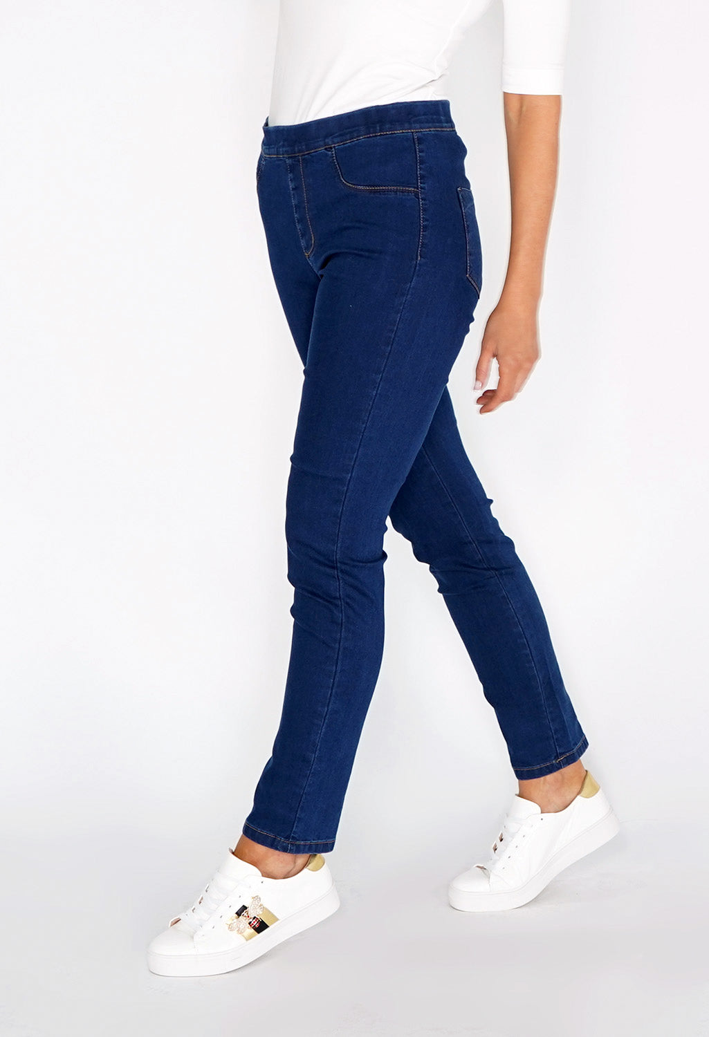 Twist Navy Pull On Jeans with Copper Stitching