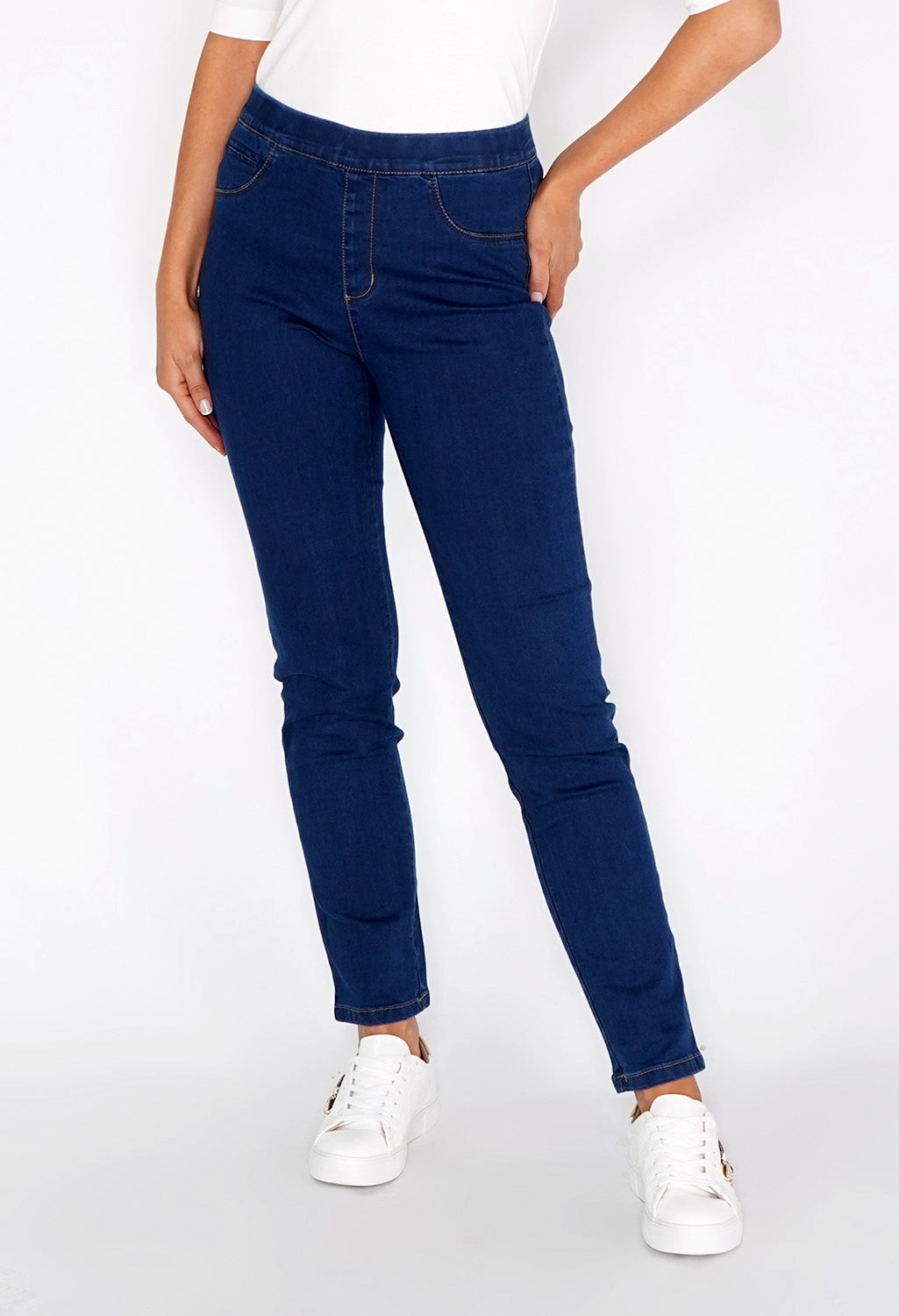 Twist Navy Pull On Jeans with Copper Stitching