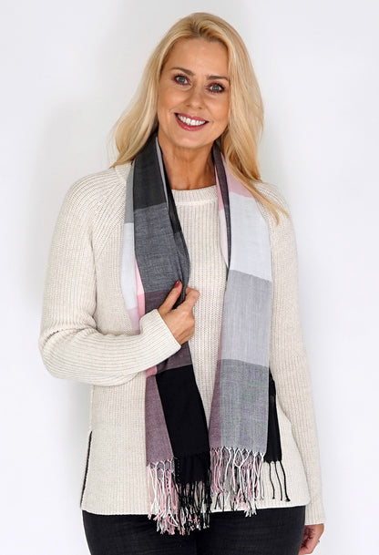 Grey and Pink Checked Scarf with Tasselled Ends