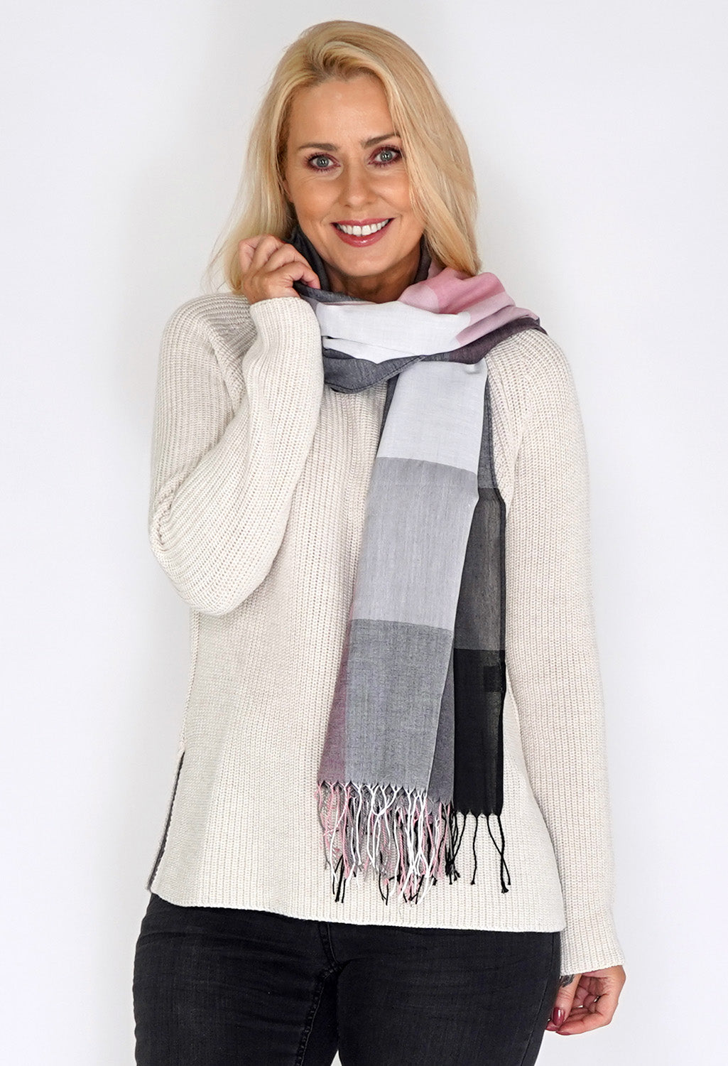 Grey and Pink Checked Scarf with Tasselled Ends