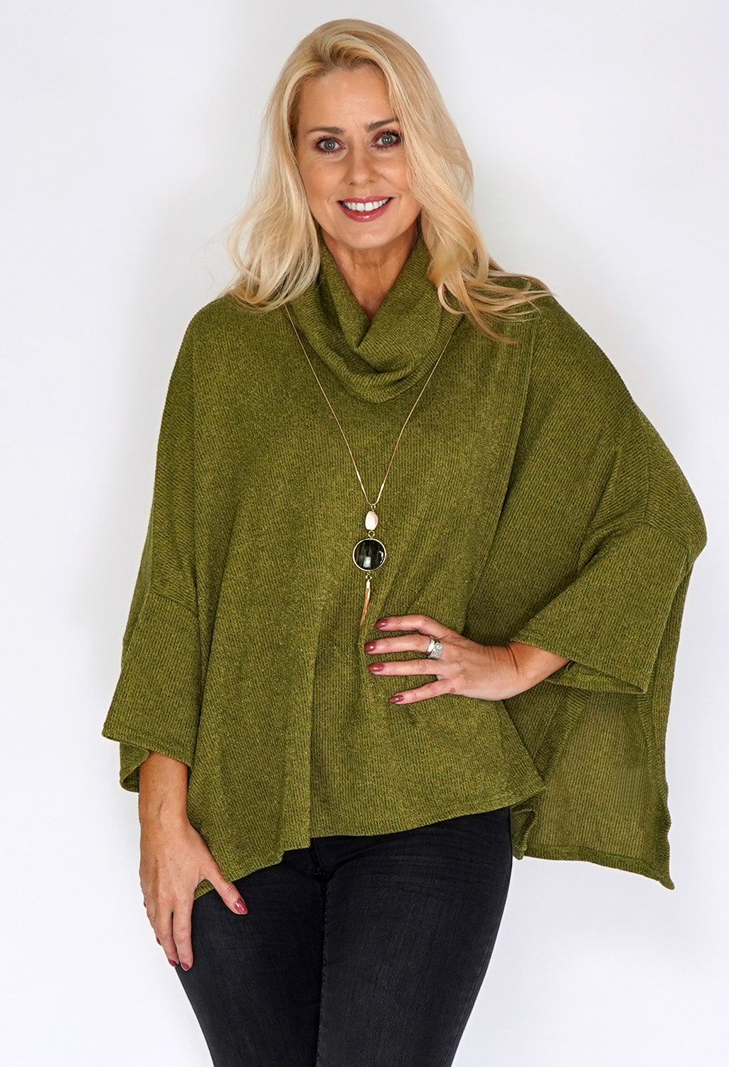 Green Oversized Batwing Knit Jumper with Necklace Detail