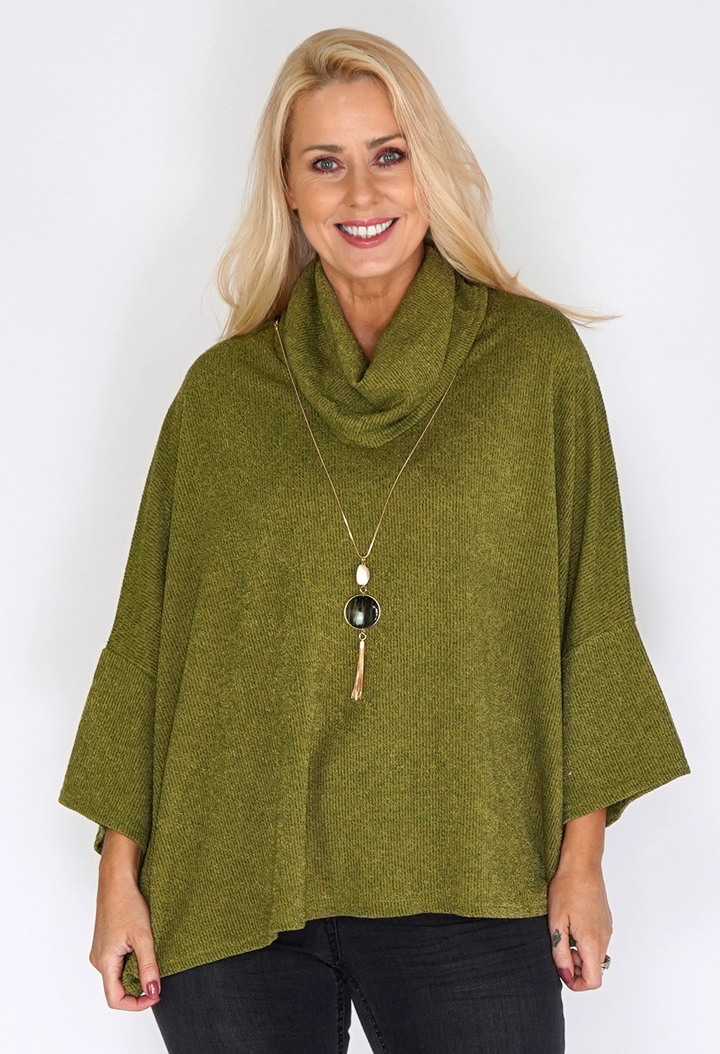 Green Oversized Batwing Knit Jumper with Necklace Detail