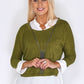 Green Knit Pullover with Shirt Details and Necklace