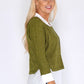 Green Knit Pullover with Shirt Details and Necklace