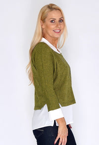 Green Knit Pullover with Shirt Details and Necklace