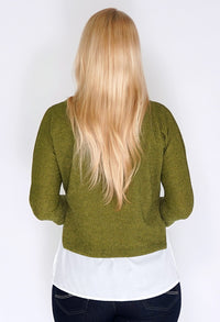 Green Knit Pullover with Shirt Details and Necklace