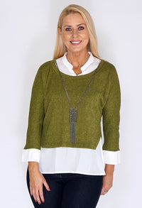 Green Knit Pullover with Shirt Details and Necklace