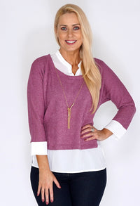 Pink Knit Pullover with Shirt Details and Necklace