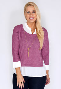 Pink Knit Pullover with Shirt Details and Necklace