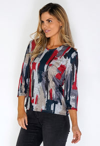 Grey Knit Top with Paint Stroke Print