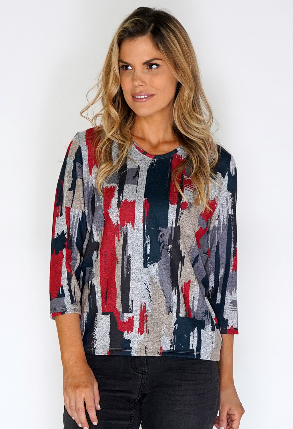 Grey Knit Top with Paint Stroke Print