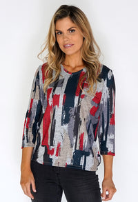 Grey Knit Top with Paint Stroke Print