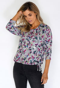 Grey Knit Top with Coloured and Silver Print