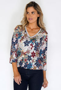 Zapara Glitter Neck Printed Top