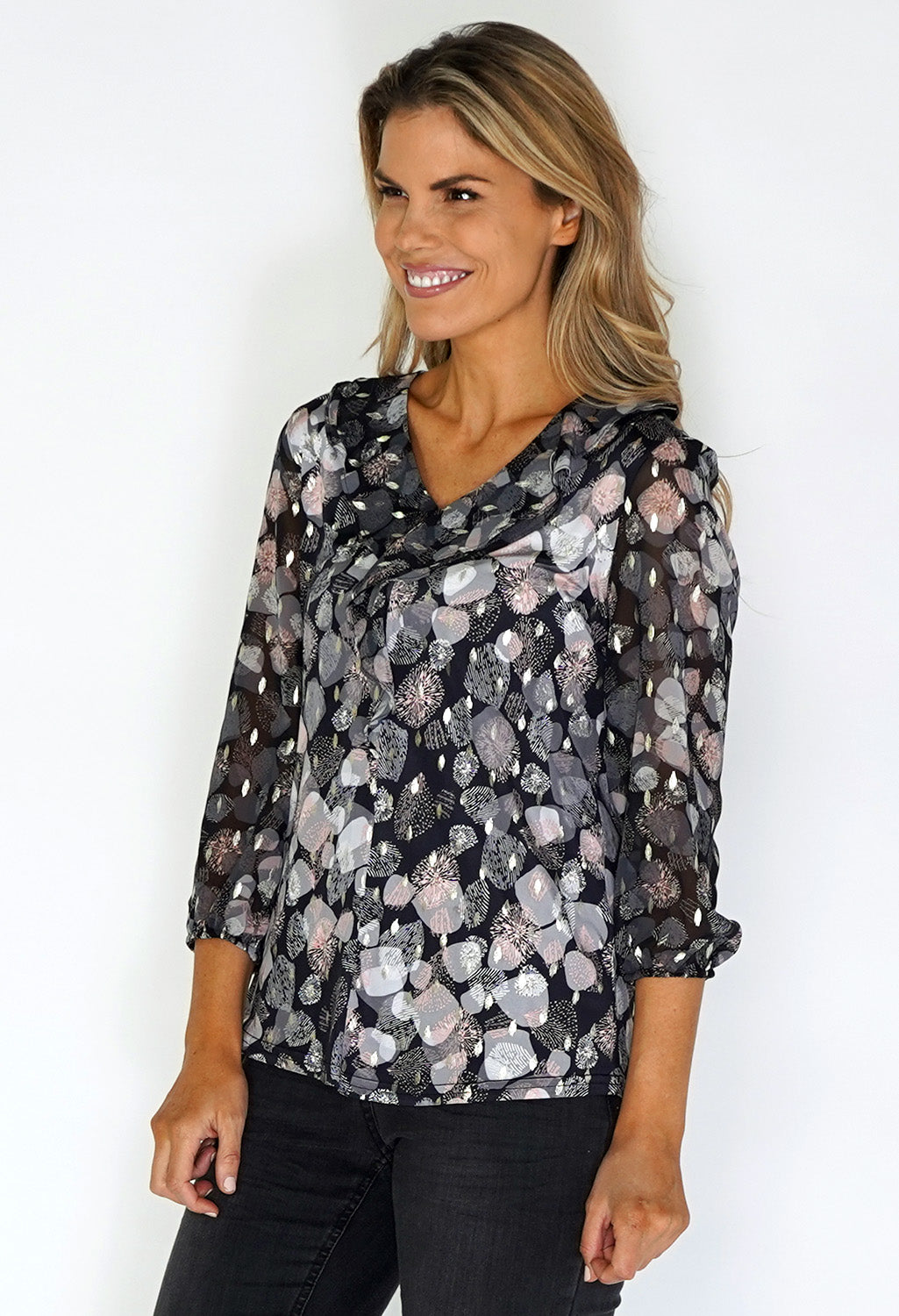 Zapara Black Printed Ruffle Blouse