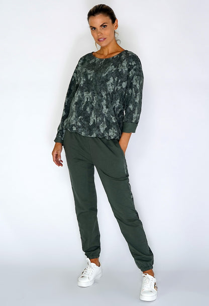 Khaki Dropped Shoulder Camouflage Knit Top