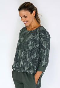 Khaki Dropped Shoulder Camouflage Knit Top