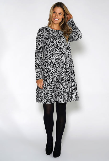 Grey Mini Leopard Print Knit Dress