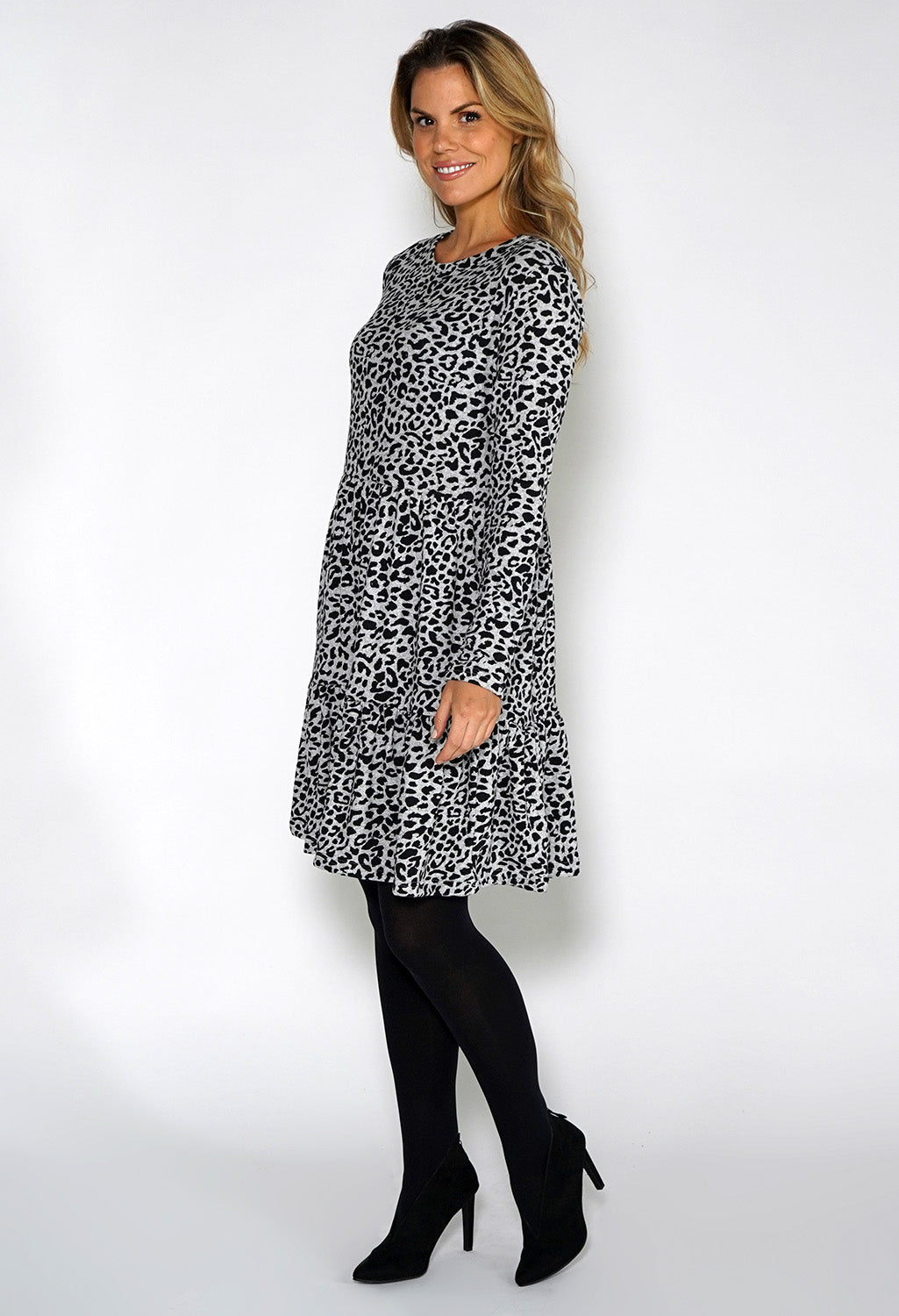 Grey Mini Leopard Print Knit Dress