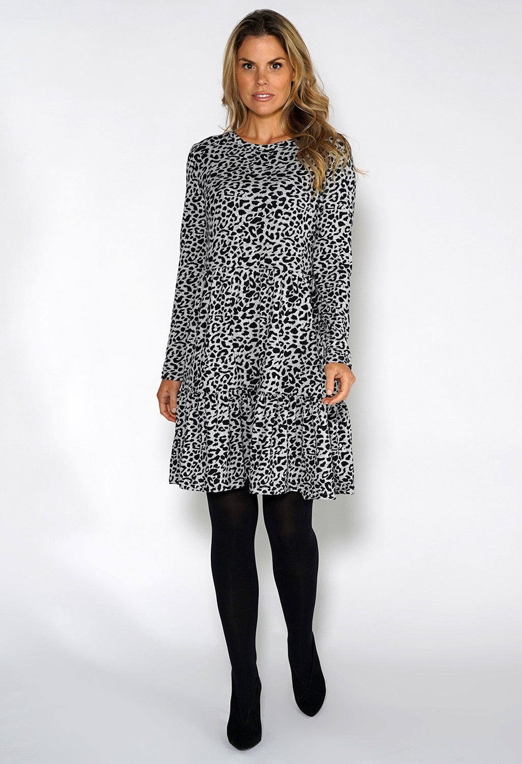 Grey Mini Leopard Print Knit Dress