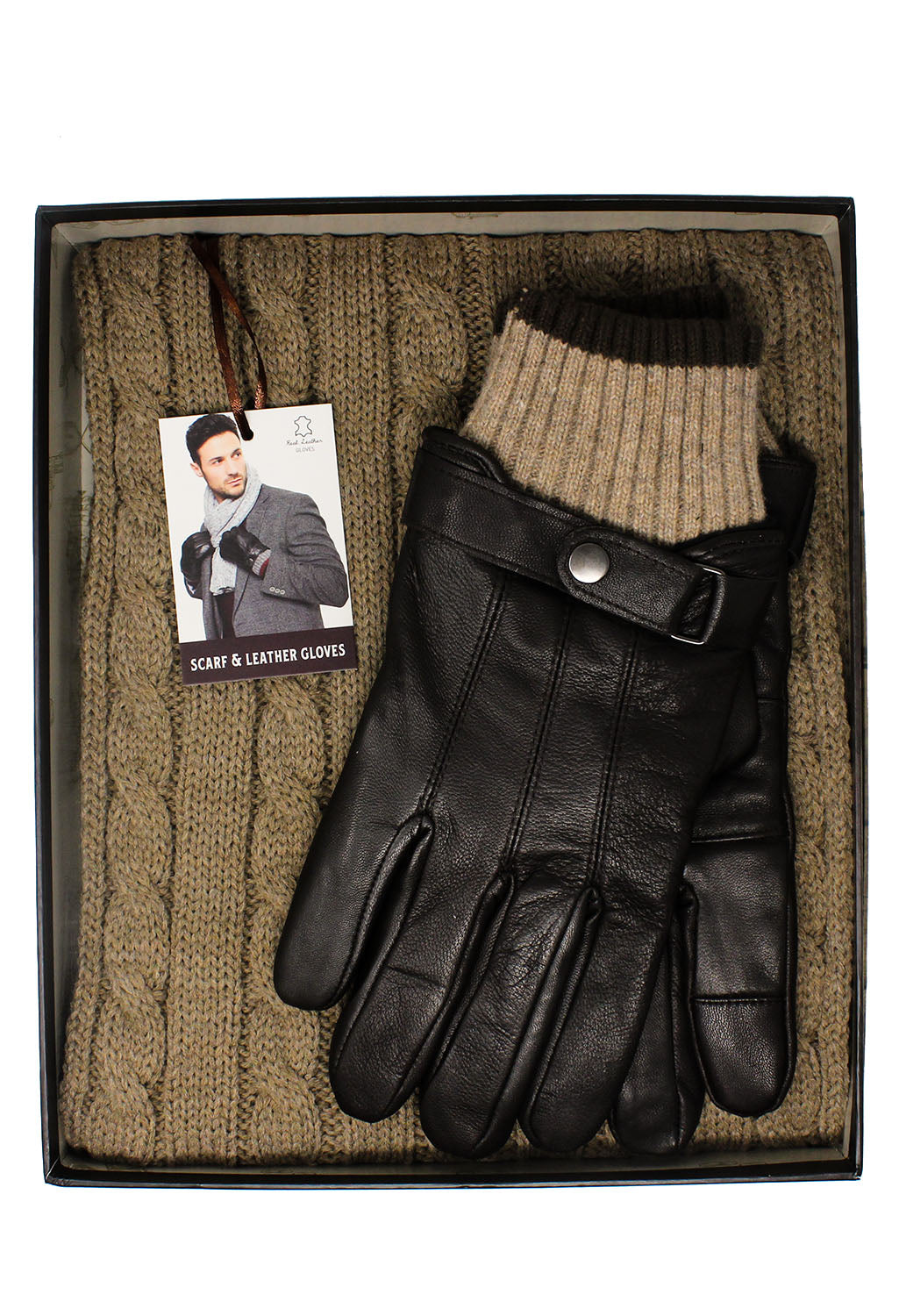 Men's Brown Leather Gloves and Scarf Set