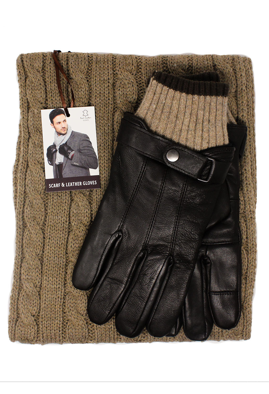 Men's Brown Leather Gloves and Scarf Set