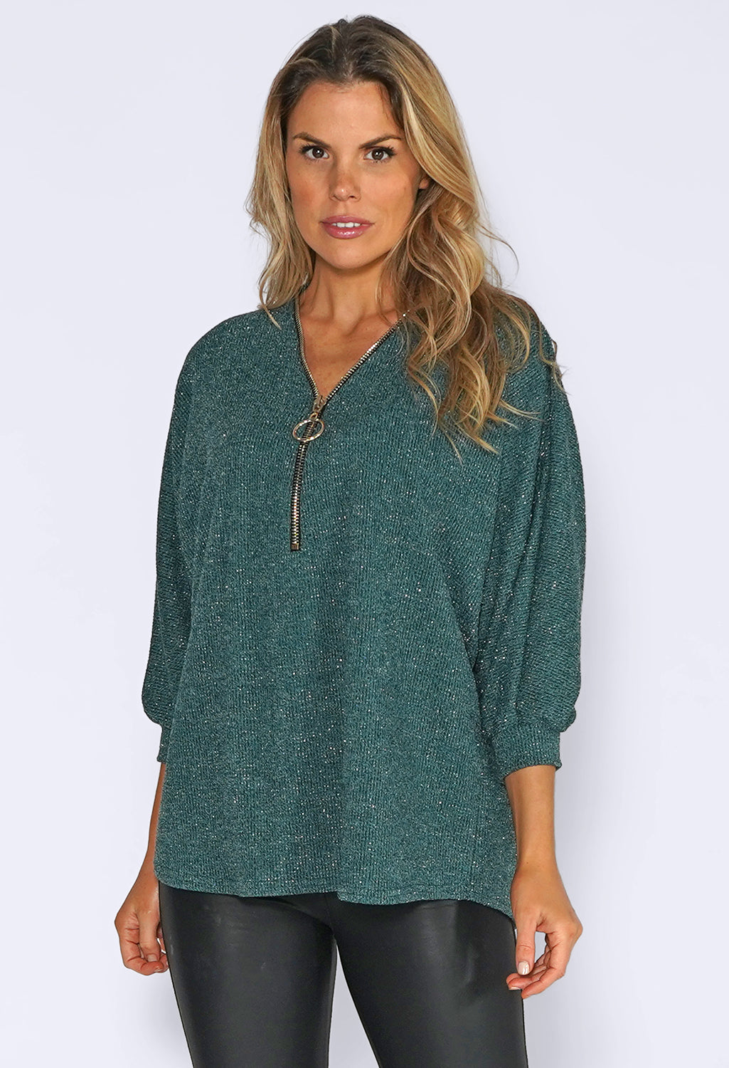 Green Glitter Strand Zip Up Knit Jumper