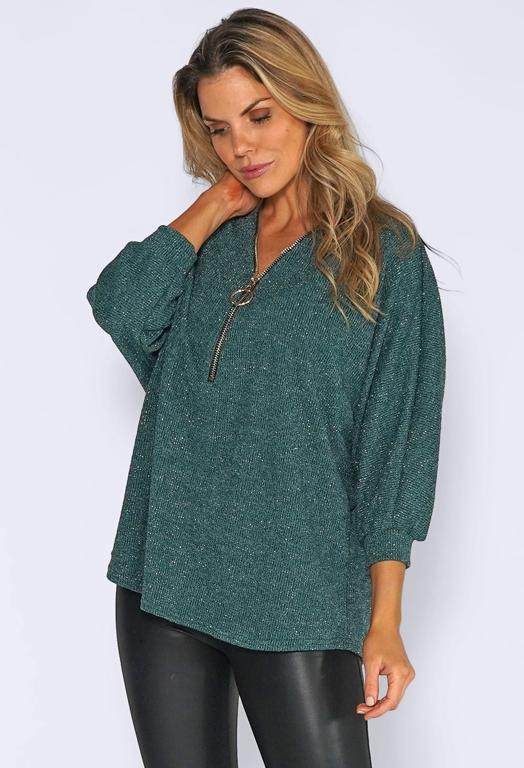 Green Glitter Strand Zip Up Knit Jumper