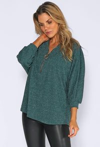 Green Glitter Strand Zip Up Knit Jumper