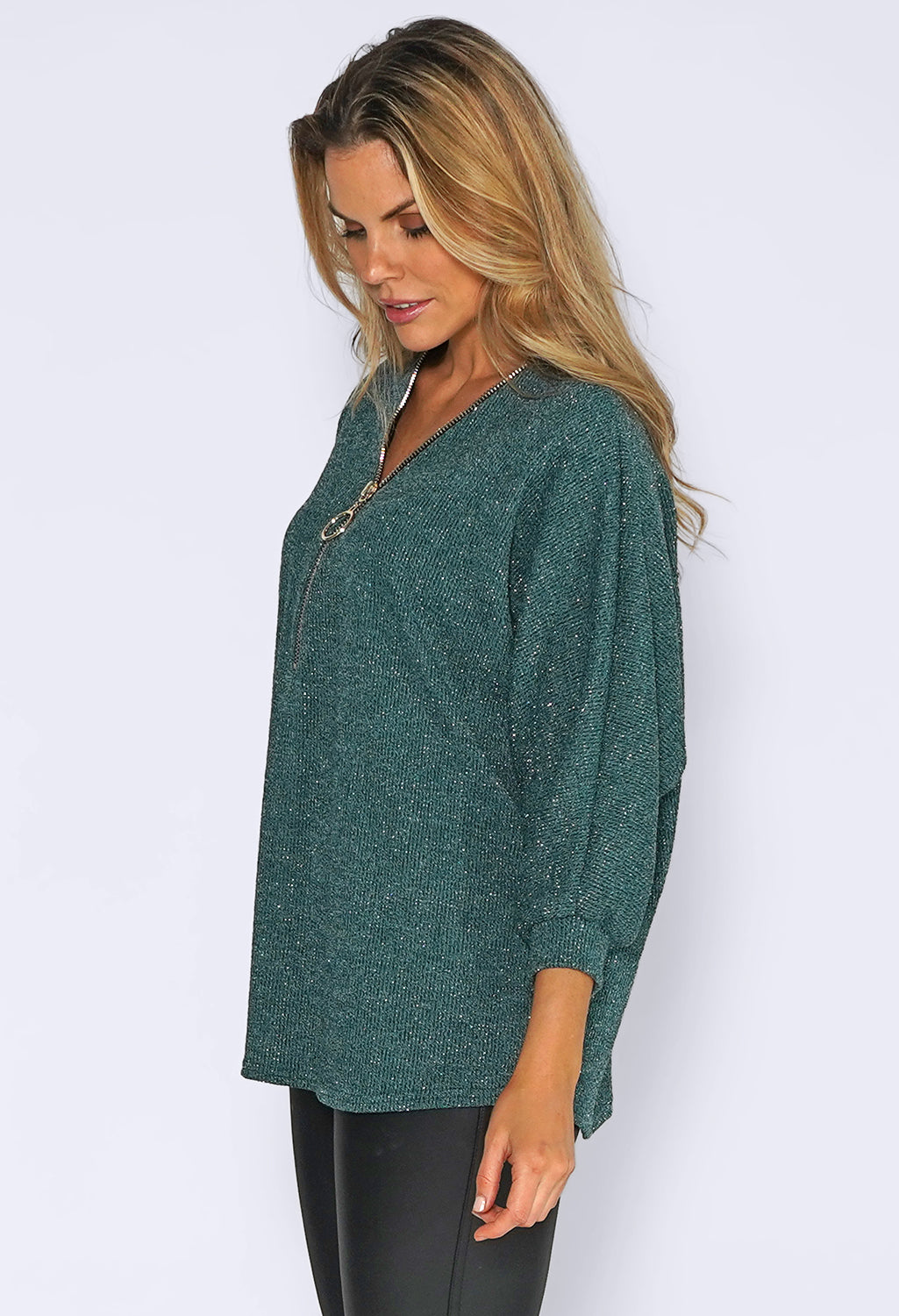 Green Glitter Strand Zip Up Knit Jumper