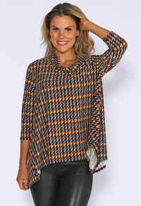 Soft Cowl Neck Top with Hounds Tooth Print