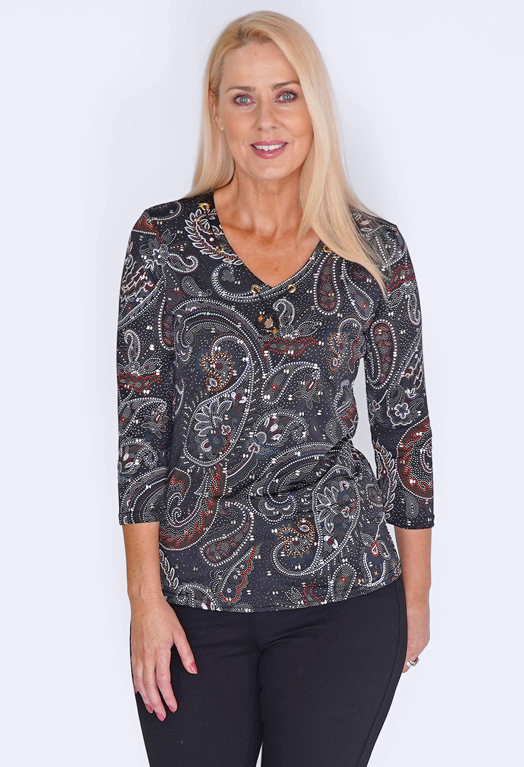 Sophie B Black Print Top with Metallic Details