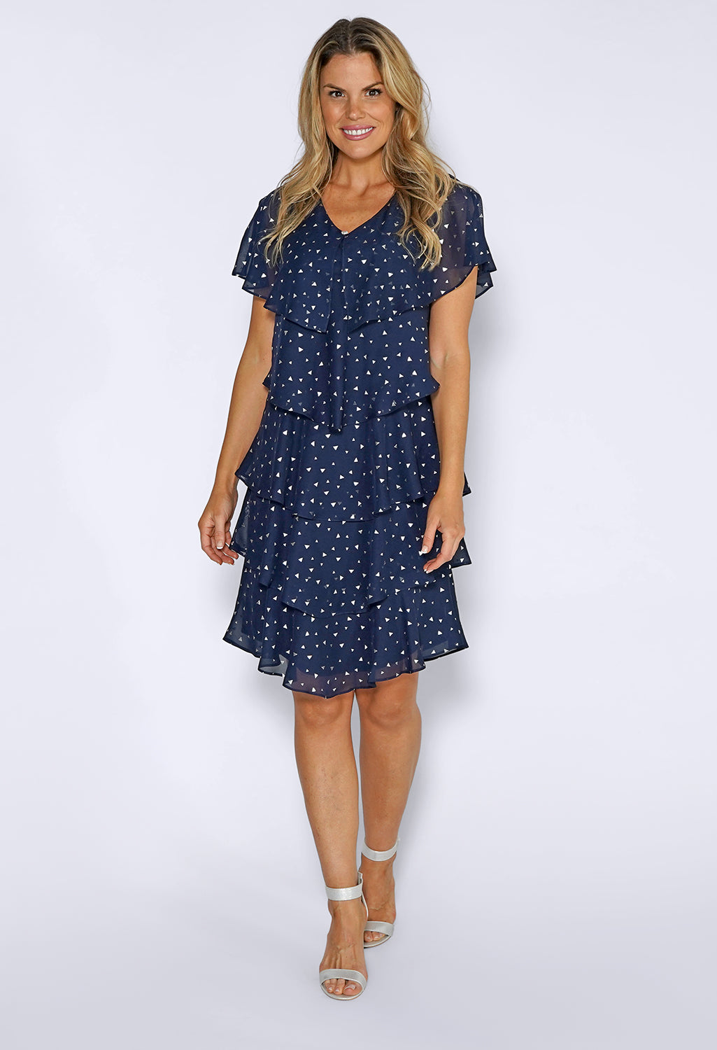 Navy Layered Dress with Silver Print