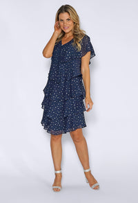 Navy Layered Dress with Silver Print