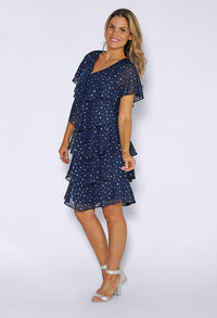 Navy Layered Dress with Silver Print