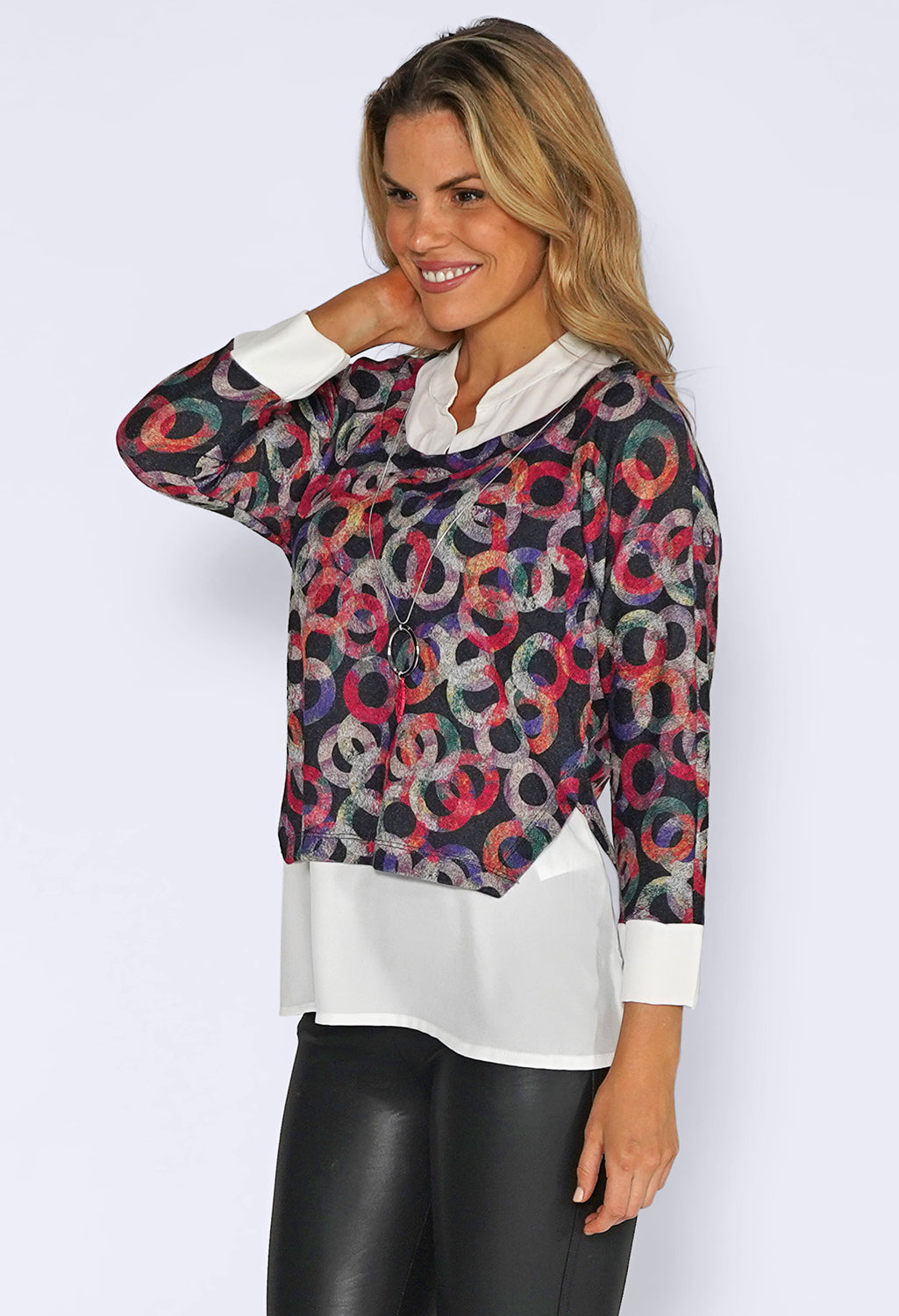 Fuchsia Ring Print Knit Jumper with White Shirt Details