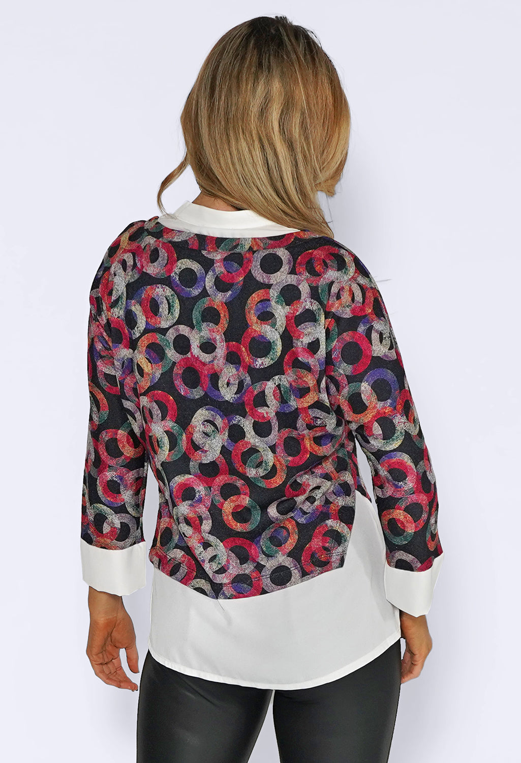 Fuchsia Ring Print Knit Jumper with White Shirt Details