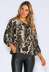 Brown Snake Print Top with Pleated Sleeves